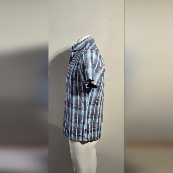 Kuhl Button Up Shirt Blue Plaid Linen Tapered Fit Pockets Outdoor Hiking - Picture 2 of 7